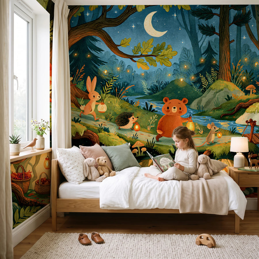 Moonlit forest animals mural with lanterns in a kids bedroom with a child sitting on the bed