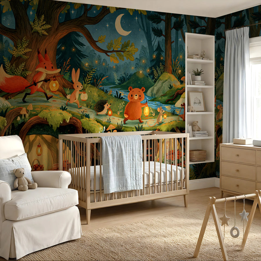 Whimsical forest animals wall mural with a fox, bunny, bear and friends carrying lanterns in a nursery with a crib and armchair