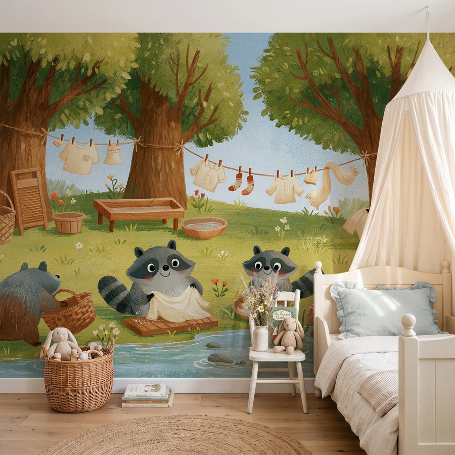 Whimsical raccoon forest mural behind a canopy bed in a child's bedroom