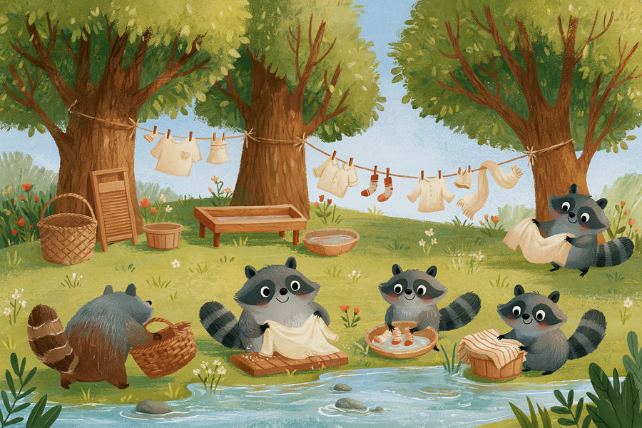 Full raccoon forest mural with five raccoons doing laundry by a stream, washtubs, baskets and a clothesline between trees