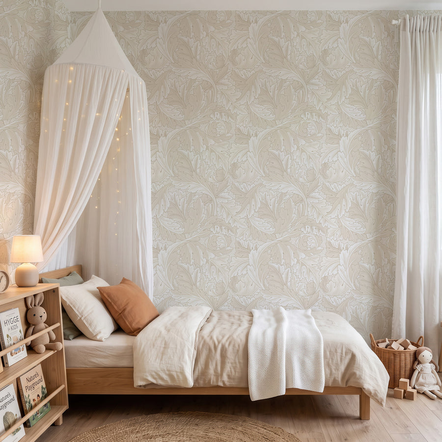 Beige Acanthus William Morris wallpaper in a bedroom with a canopy bed