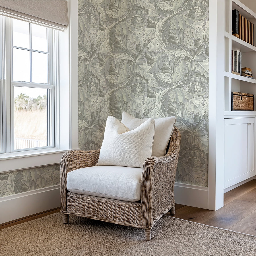 Gray Acanthus William Morris wallpaper in a hallway beside a white door