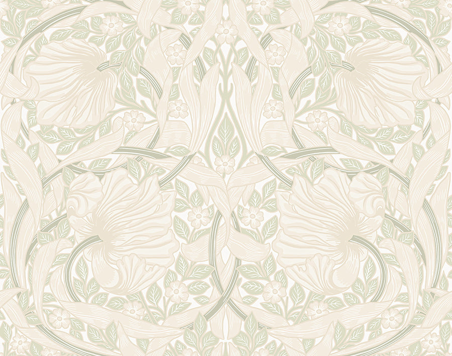 Beige and sage green William Morris Pimpernel floral wallpaper pattern with tulips and vines