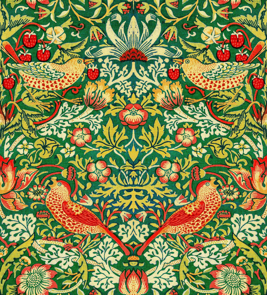 William Morris Strawberry Thief green wallpaper pattern with thrushes, strawberries and flowers