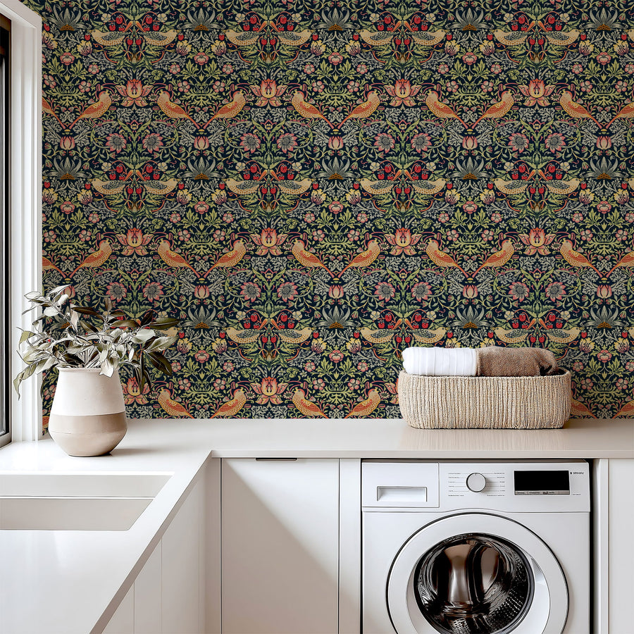 William Morris Strawberry Thief indigo wallpaper in a laundry room with a washer