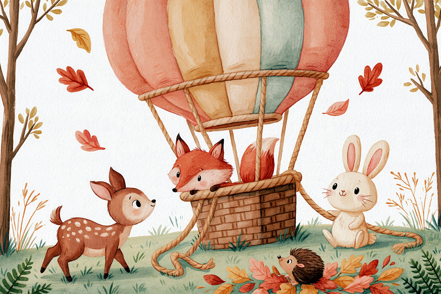 Full woodland animals wall mural by Uta Naumann with a fox in a hot air balloon basket, a fawn, a bunny and a hedgehog in autumn leaves