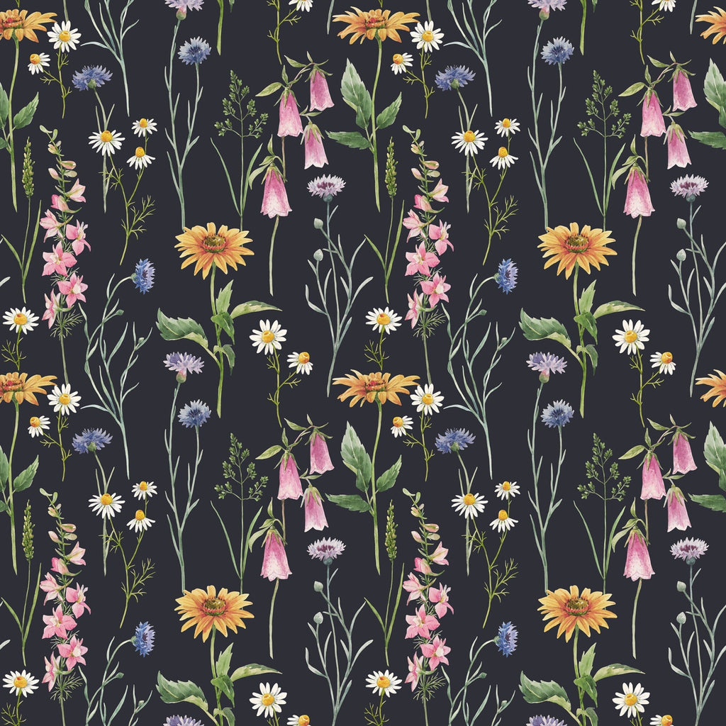 Hand drawn watercolor gentle wild field flowers on the dark background Wallpaper Peel and Stick Removable Wallpaper EazzyWalls Sample: 6''W x 9''H Smooth Vinyl 
