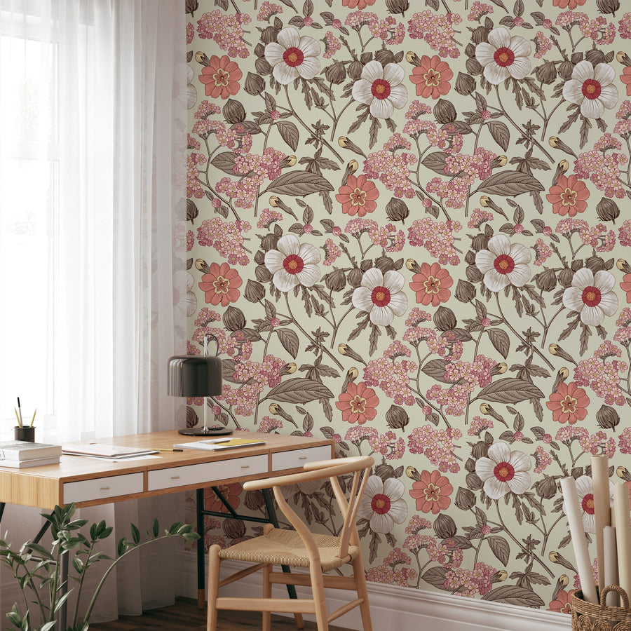 Blooming realistic flowers on vintage background wallpaper Peel and Stick Wallpaper EazzyWalls