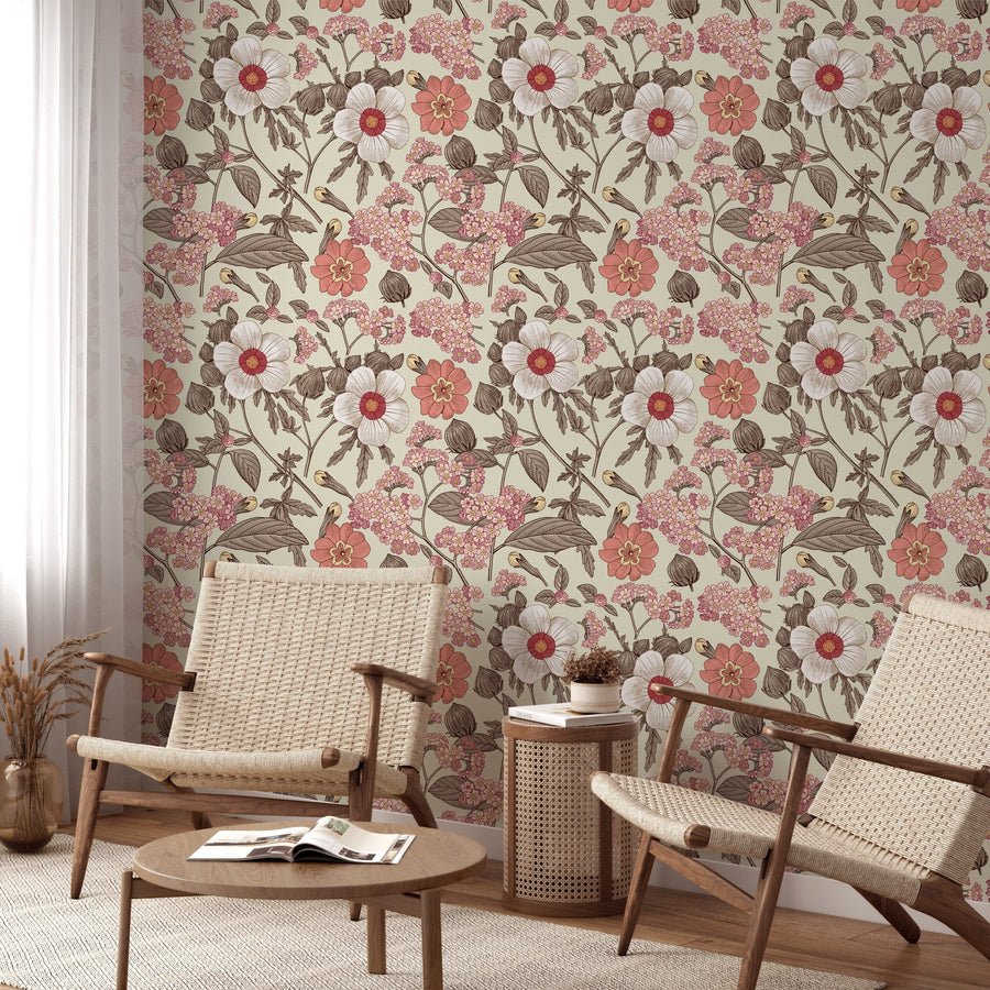 Blooming realistic flowers on vintage background wallpaper Peel and Stick Wallpaper EazzyWalls Sample: 6''W x 9''H Smooth Vinyl