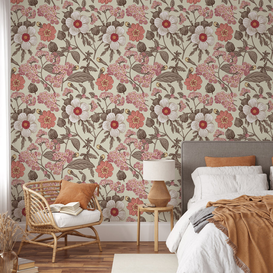 Blooming realistic flowers on vintage background wallpaper Peel and Stick Wallpaper EazzyWalls