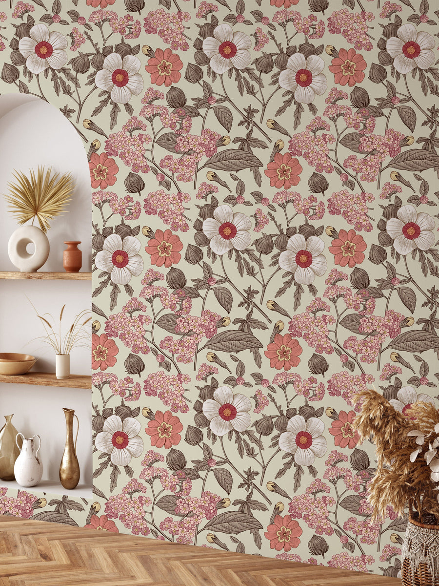Blooming realistic flowers on vintage background wallpaper Peel and Stick Wallpaper EazzyWalls