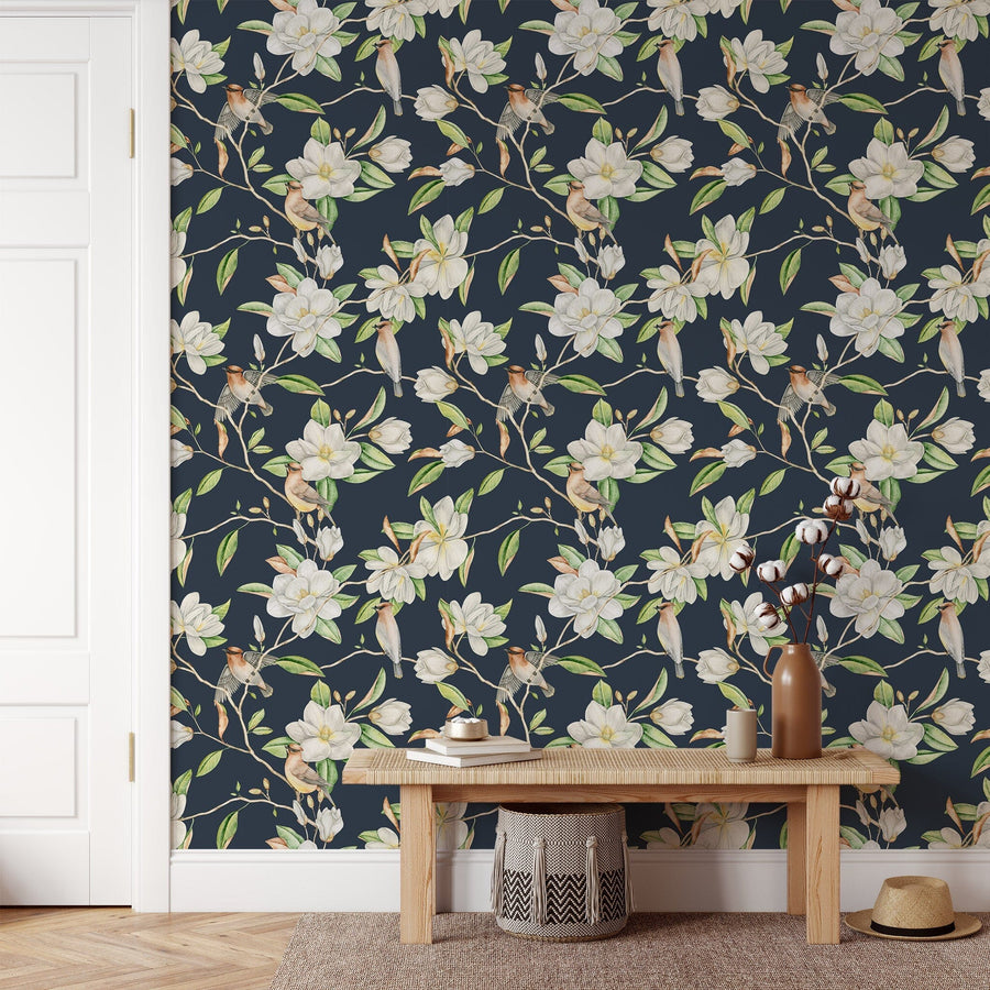 Dark Magnolia and Birds Pattern Wallpaper Removable Wallpaper EazzyWalls