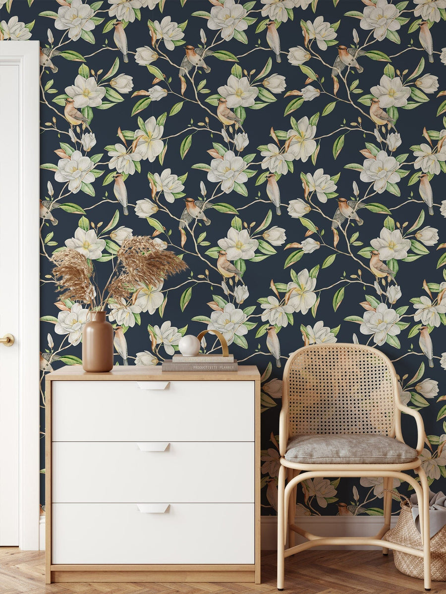 Dark Magnolia and Birds Pattern Wallpaper Removable Wallpaper EazzyWalls