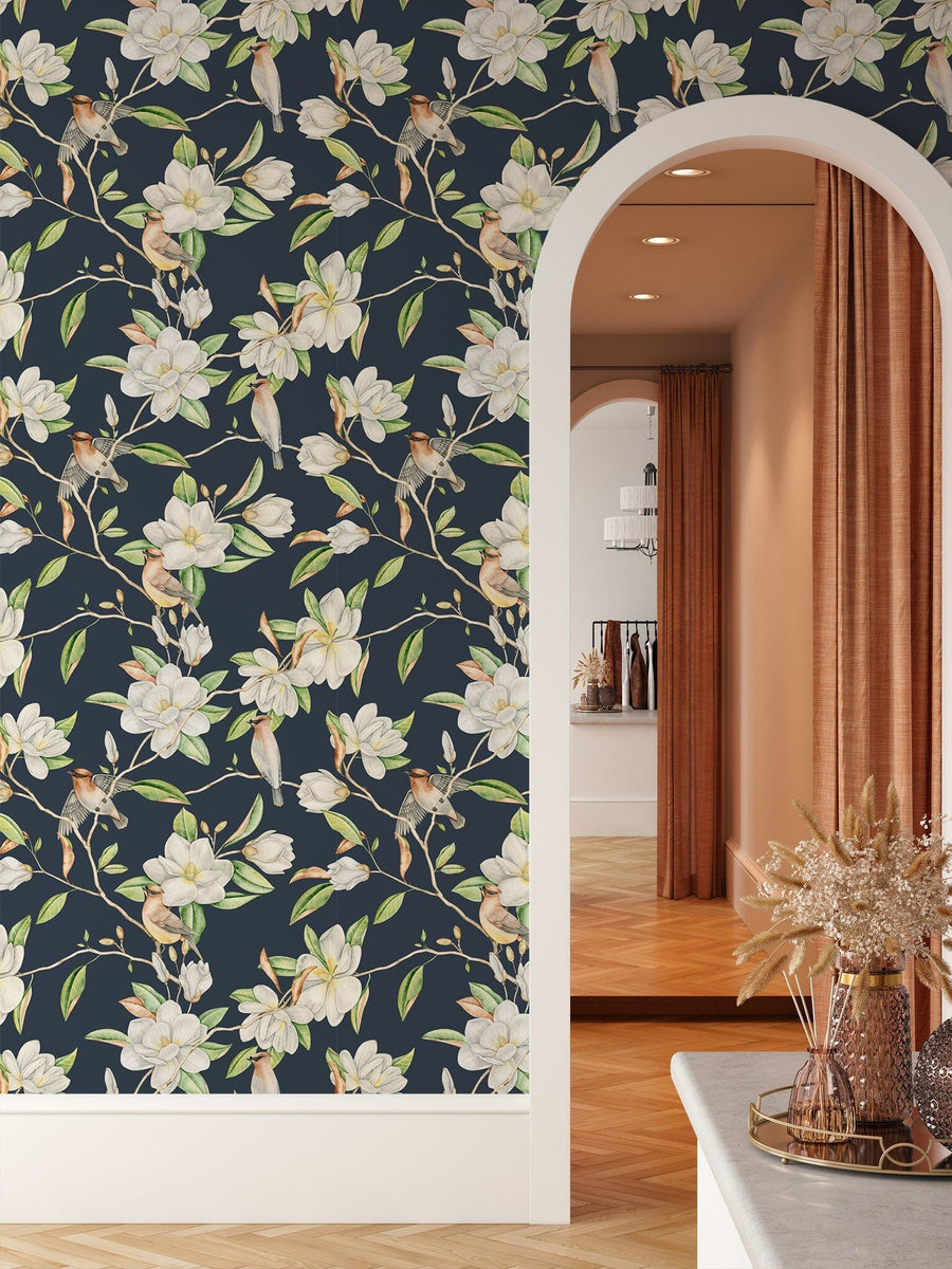 Dark Magnolia and Birds Pattern Wallpaper Removable Wallpaper EazzyWalls