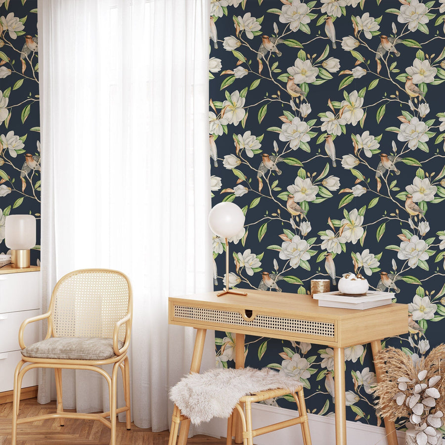 Dark Magnolia and Birds Pattern Wallpaper Removable Wallpaper EazzyWalls