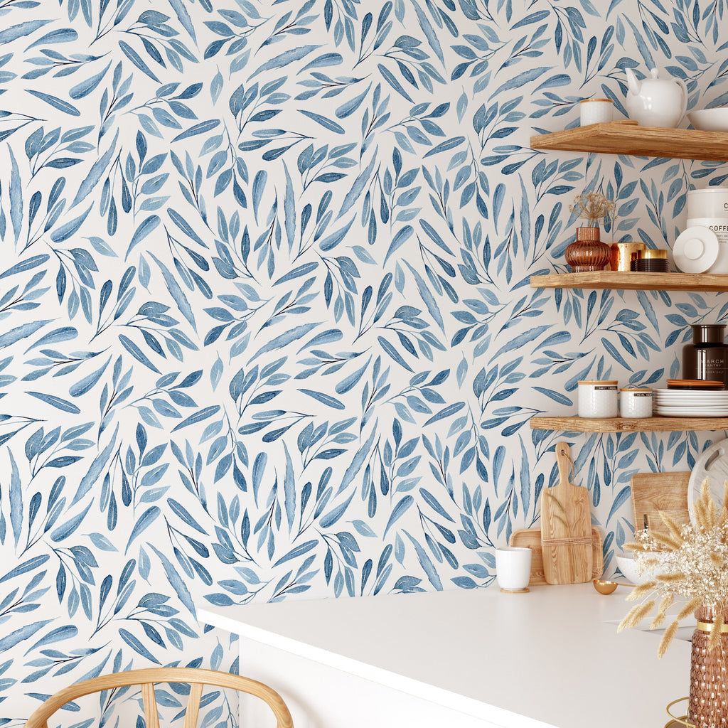 Blue Watercolor Leaves Wallpaper Removable Wallpaper EazzyWalls 