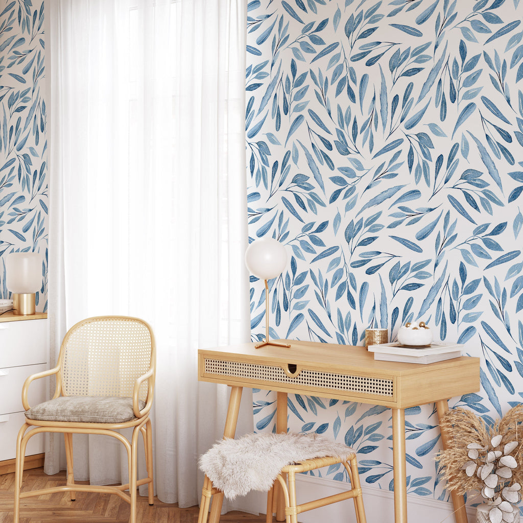 Blue Watercolor Leaves Wallpaper Removable Wallpaper EazzyWalls 