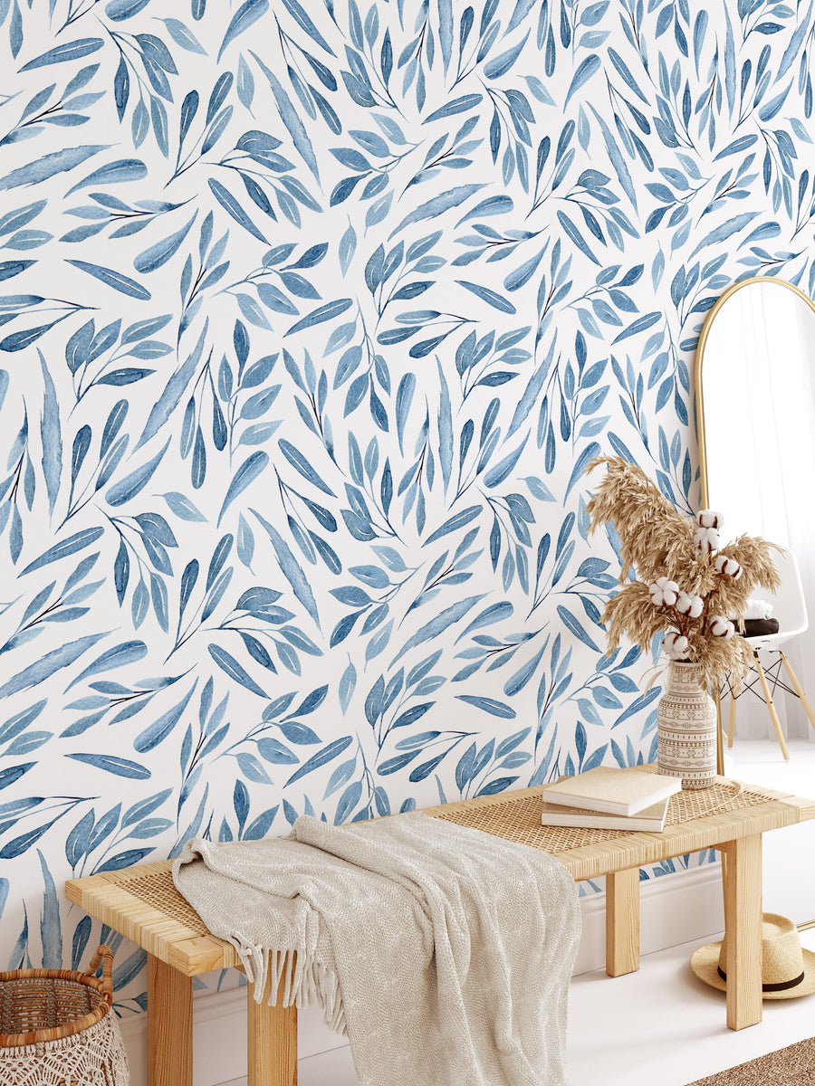 Blue Watercolor Leaves Wallpaper Removable Wallpaper EazzyWalls