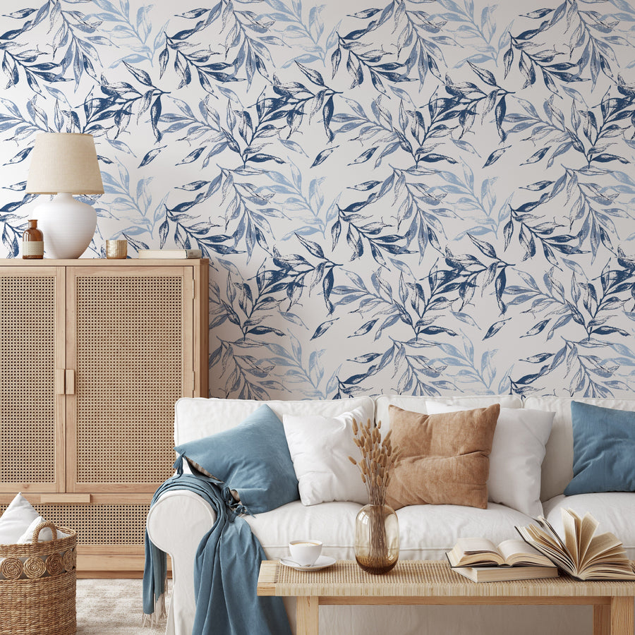 Blue and light blue leaves Wallpaper Peel and Stick Wallpaper EazzyWalls Sample: 6''W x 9''H Smooth Vinyl
