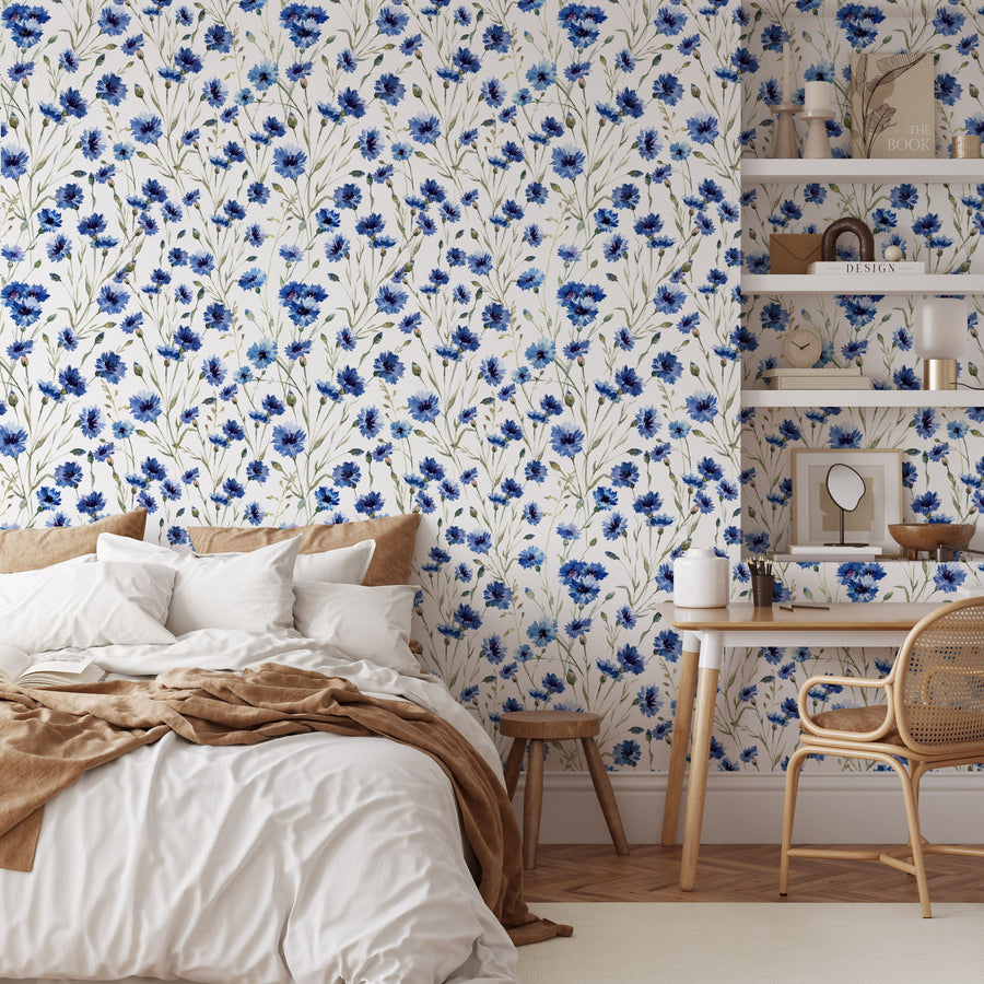 Blue Summer Flowers Pattern Wallpaper Removable Wallpaper EazzyWalls