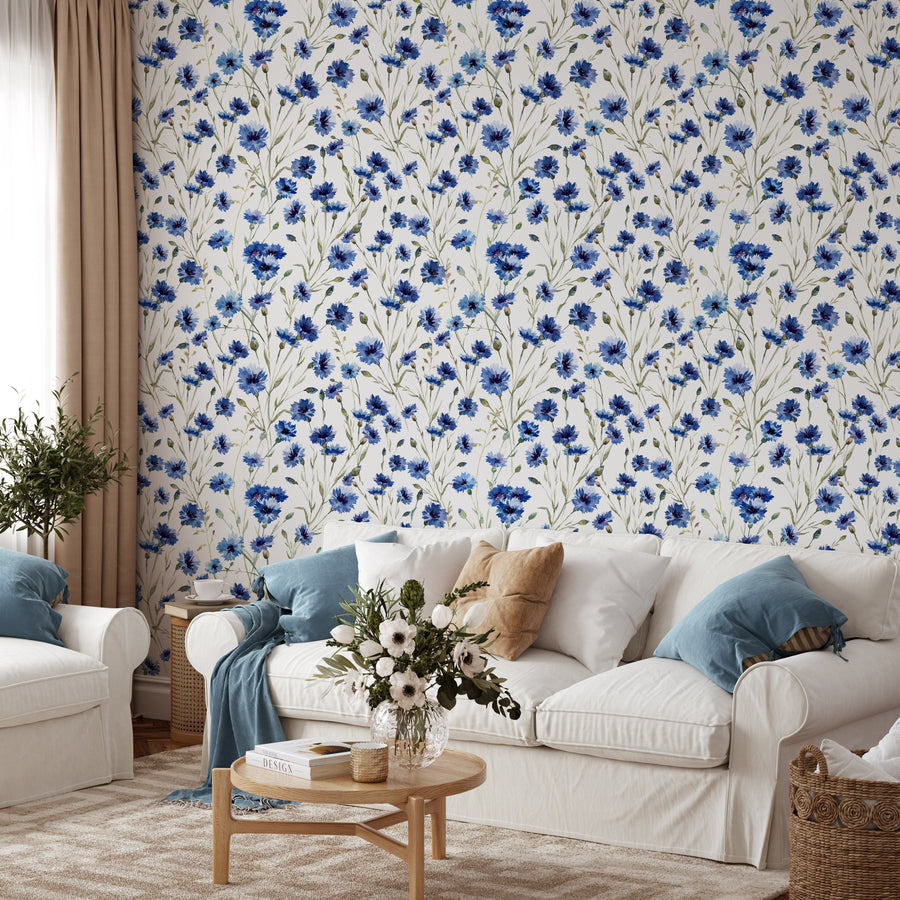 Blue Summer Flowers Pattern Wallpaper Removable Wallpaper EazzyWalls