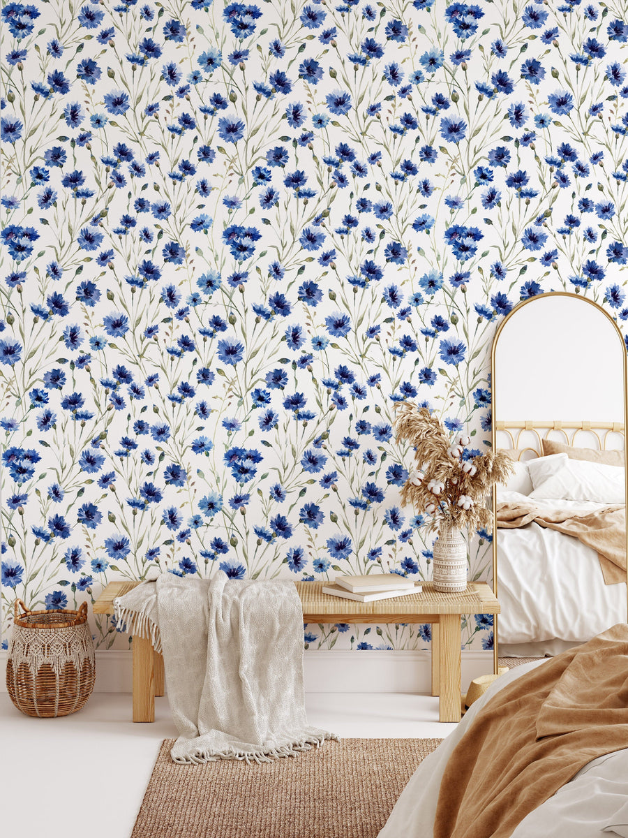 Blue Summer Flowers Pattern Wallpaper Removable Wallpaper EazzyWalls