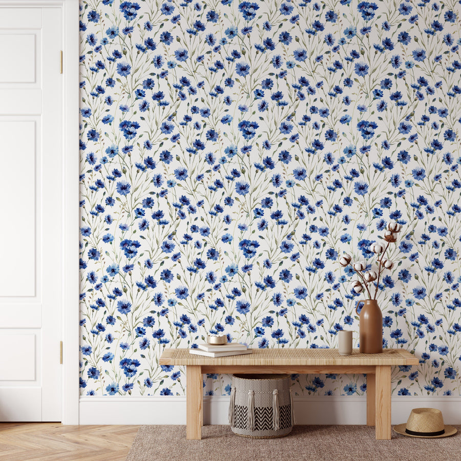 Blue Summer Flowers Pattern Wallpaper Removable Wallpaper EazzyWalls