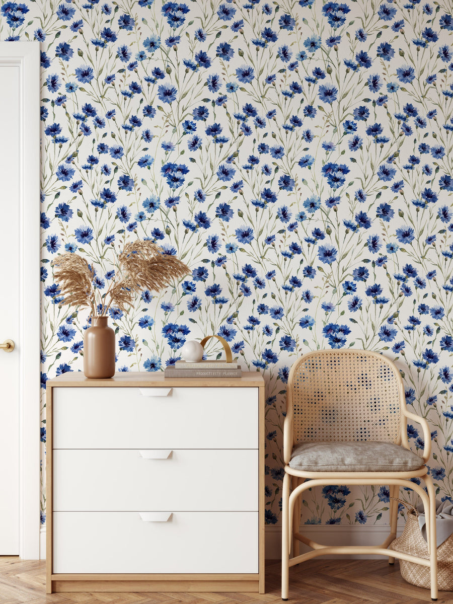 Blue Summer Flowers Pattern Wallpaper Removable Wallpaper EazzyWalls