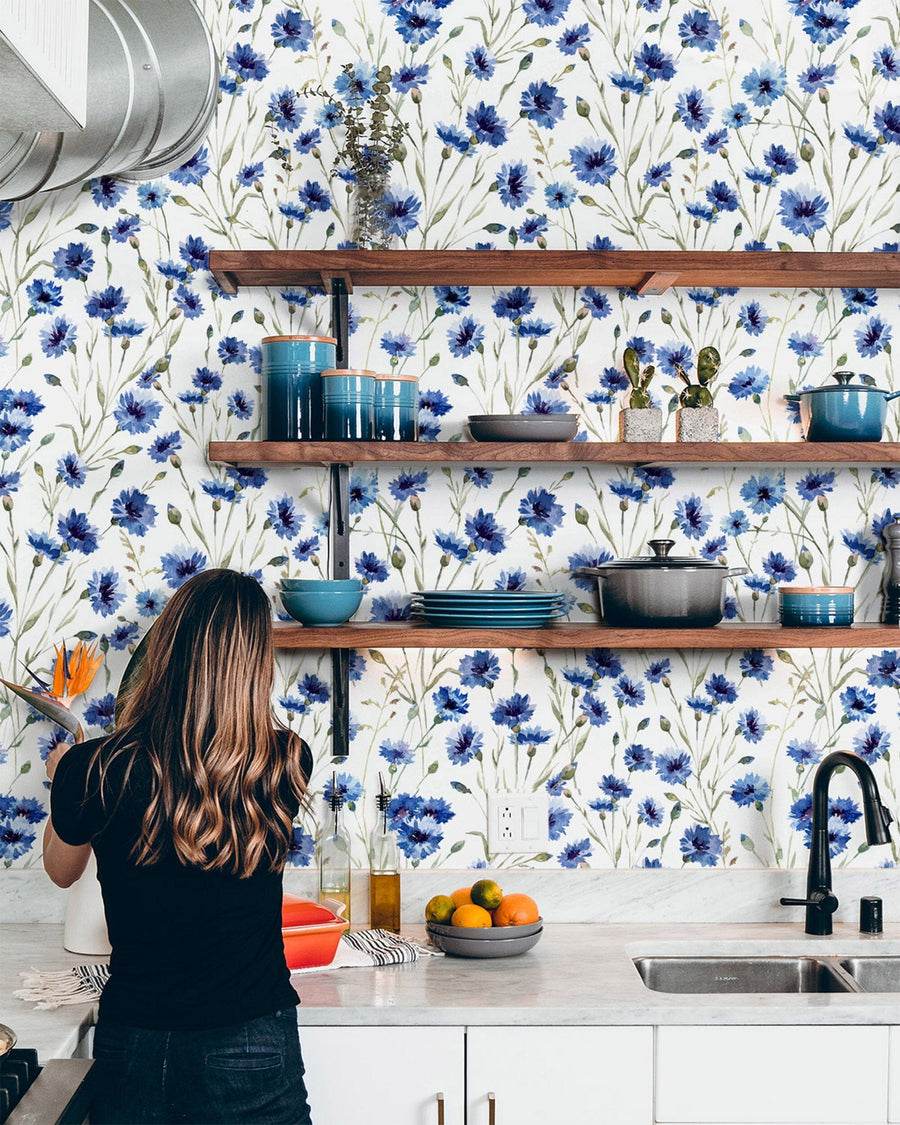 Blue Summer Flowers Pattern Wallpaper Removable Wallpaper EazzyWalls