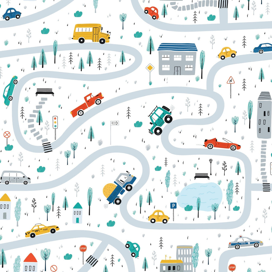 Cars, Road, Park, Houses Kids Wallpaper Peel and stick Wallpaper EazzyWalls Sample: 6''W x 9''H Smooth Vinyl