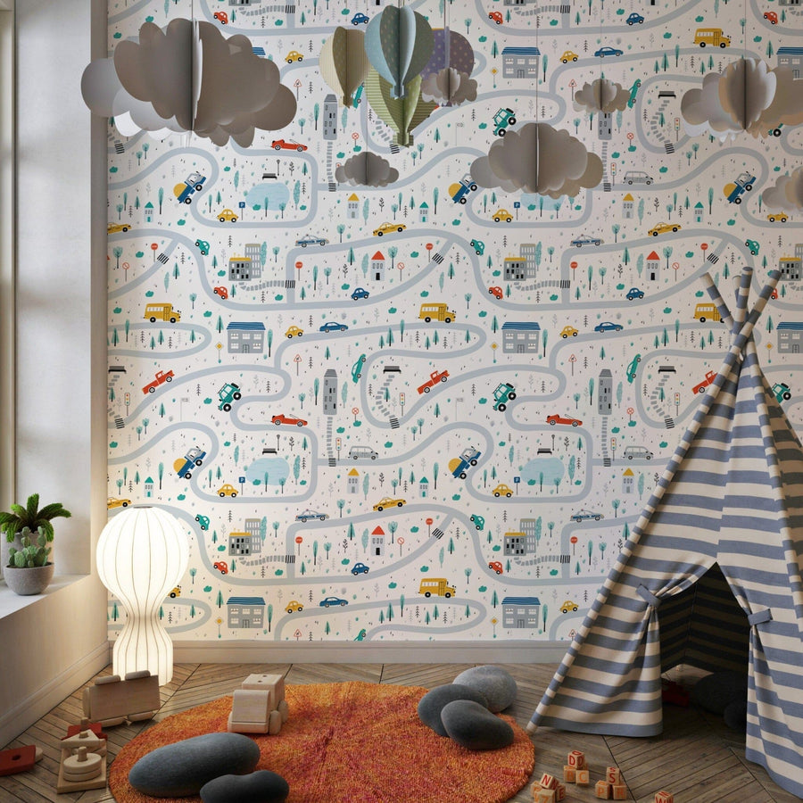 Cars, Road, Park, Houses Kids Wallpaper Peel and stick Wallpaper EazzyWalls