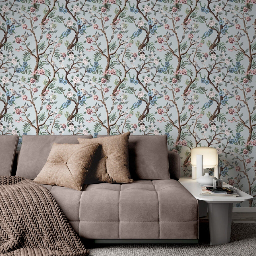 Blue Chinoiserie Birds Wallpaper Removable Wallpaper EazzyWalls Sample: 6''W x 9''H Smooth Vinyl