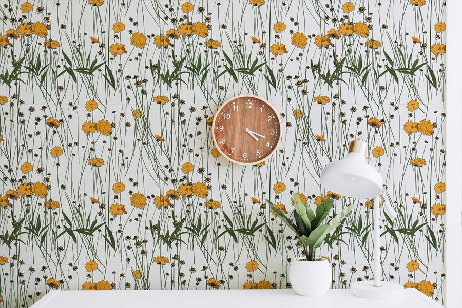 Cute Yellow Flowers Pattern Wallpaper Peel and stick Wallpaper EazzyWalls