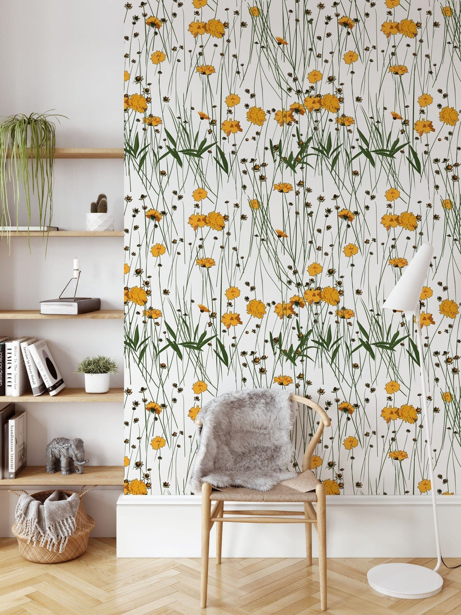 Cute Yellow Flowers Pattern Wallpaper Peel and stick Wallpaper EazzyWalls
