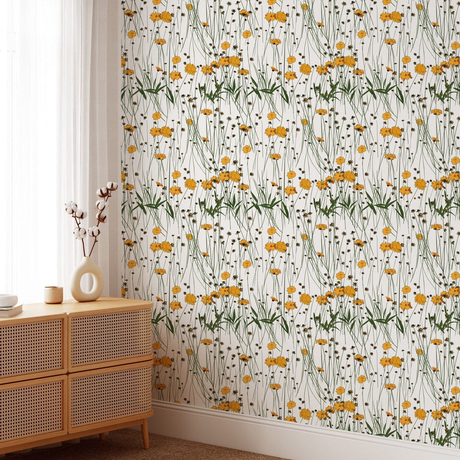 Cute Yellow Flowers Pattern Wallpaper Peel and stick Wallpaper EazzyWalls Sample: 12"W x 10"H Smooth Vinyl