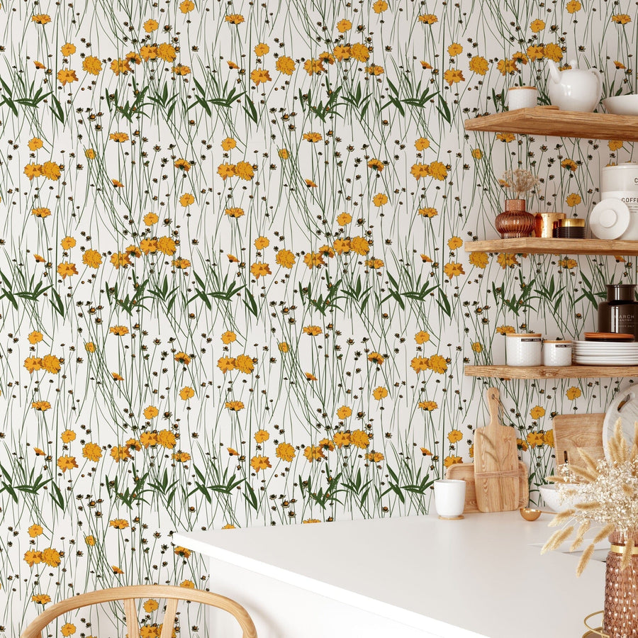 Cute Yellow Flowers Pattern Wallpaper Peel and stick Wallpaper EazzyWalls