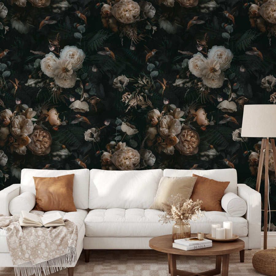 Dark Background Cream Floral Wallpaper Removable Wallpaper EazzyWalls