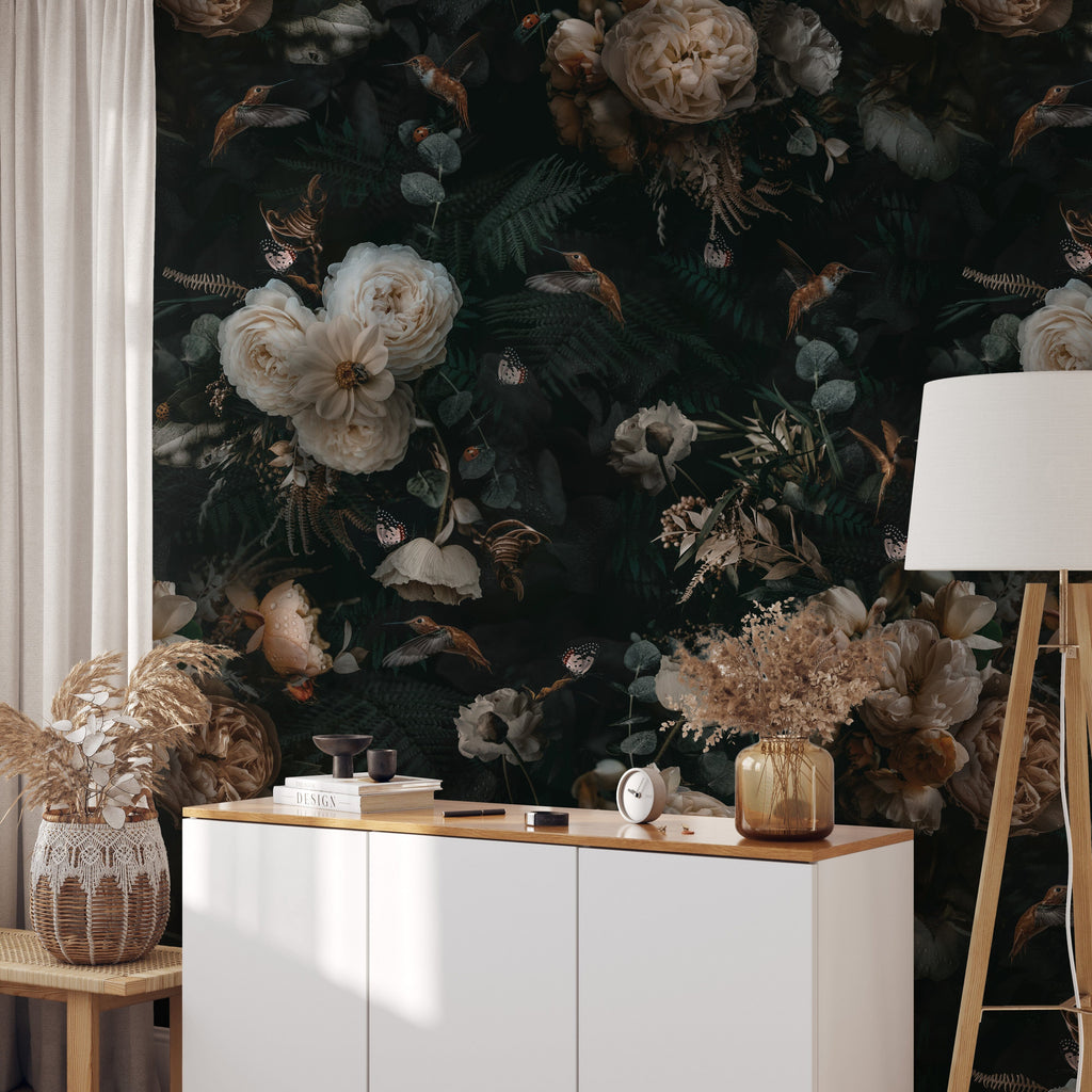 Dark Background Cream Floral Wallpaper Removable Wallpaper EazzyWalls 