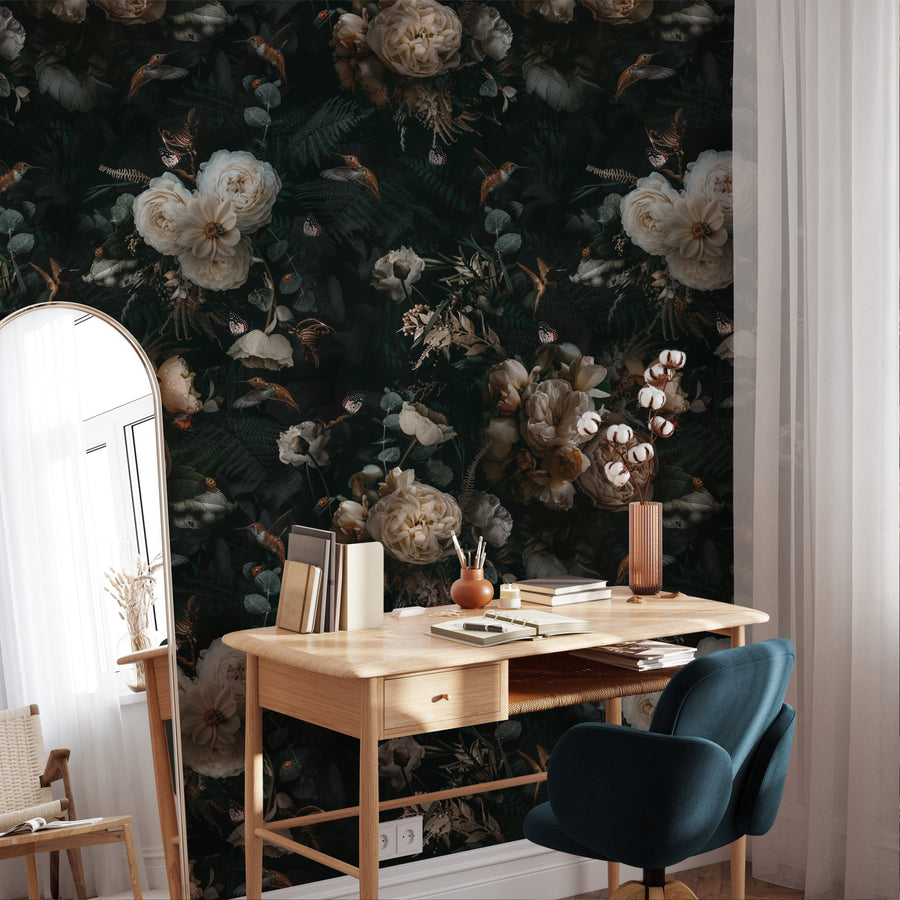 Dark Background Cream Floral Wallpaper Removable Wallpaper EazzyWalls