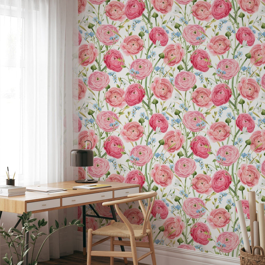 Watercolor hand drawn gentle pink summer flowers wallpaper Removable Wallpaper EazzyWalls