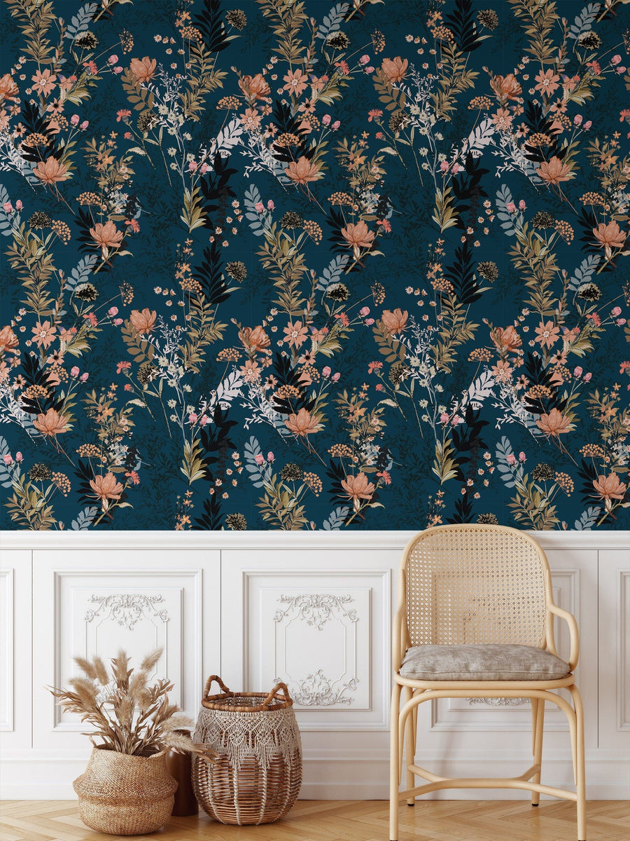 Dark Blue Flower Wallpaper Peel and stick Wallpaper EazzyWalls
