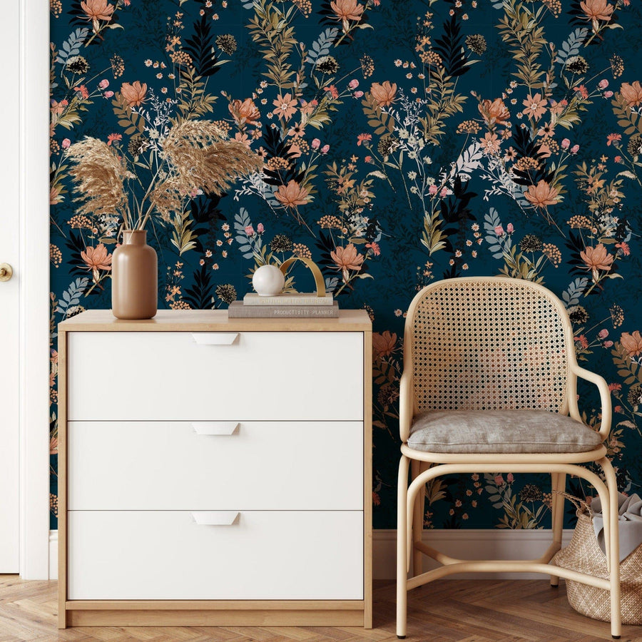 Dark Blue Flower Wallpaper Peel and stick Wallpaper EazzyWalls Sample: 6"W x 9"H Smooth Vinyl