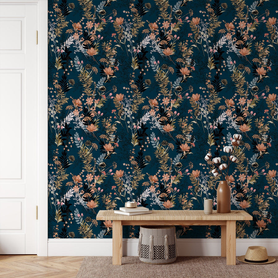 Dark Blue Flower Wallpaper Peel and stick Wallpaper EazzyWalls
