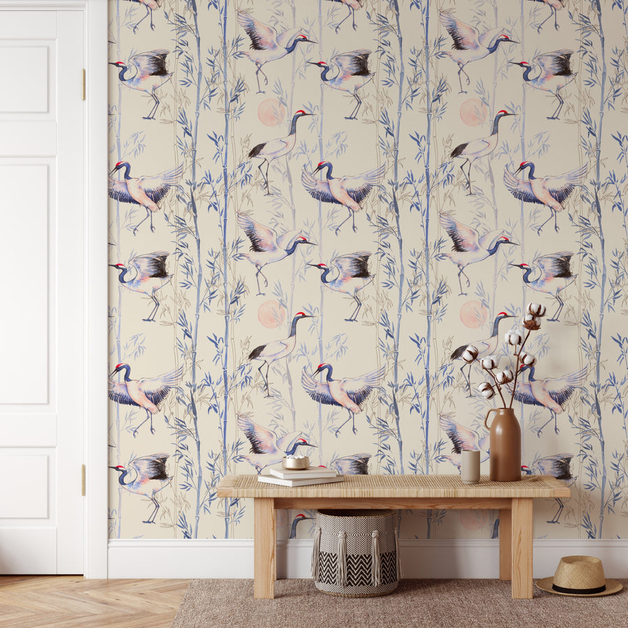 Hand Drawn Watercolor Japanese Cranes Wallpaper Peel and Stick Wallpaper EazzyWalls