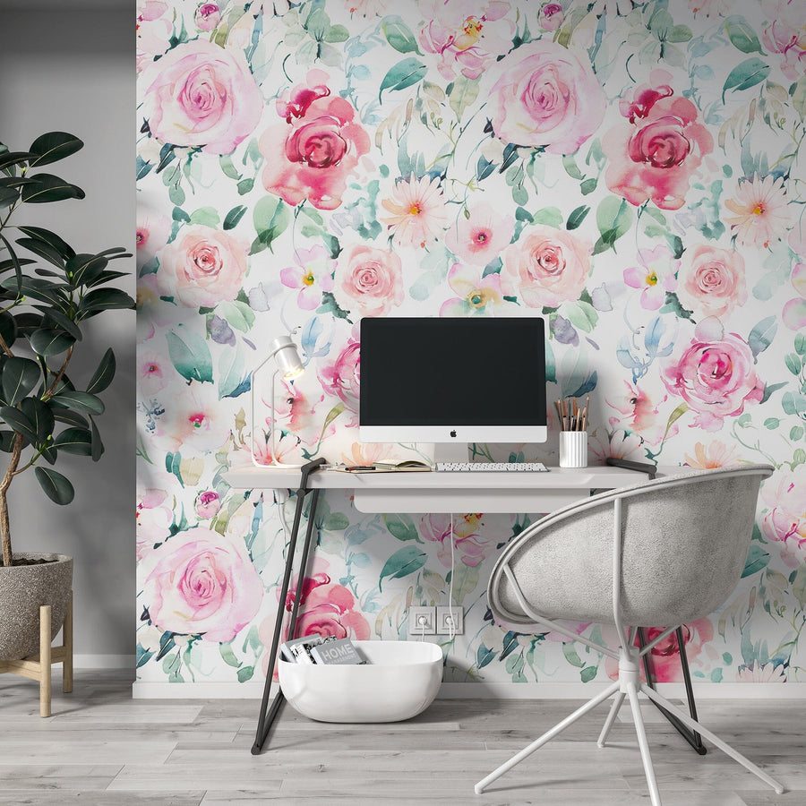 Pink hand drawn roses Wallpaper Peel and stick Wallpaper EazzyWalls