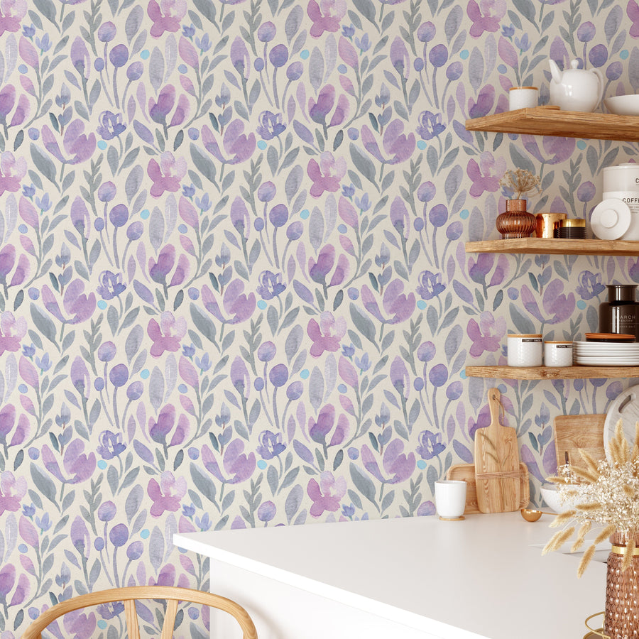 Kitchen interior with Purple Botanical Watercolor Floral Wallpaper