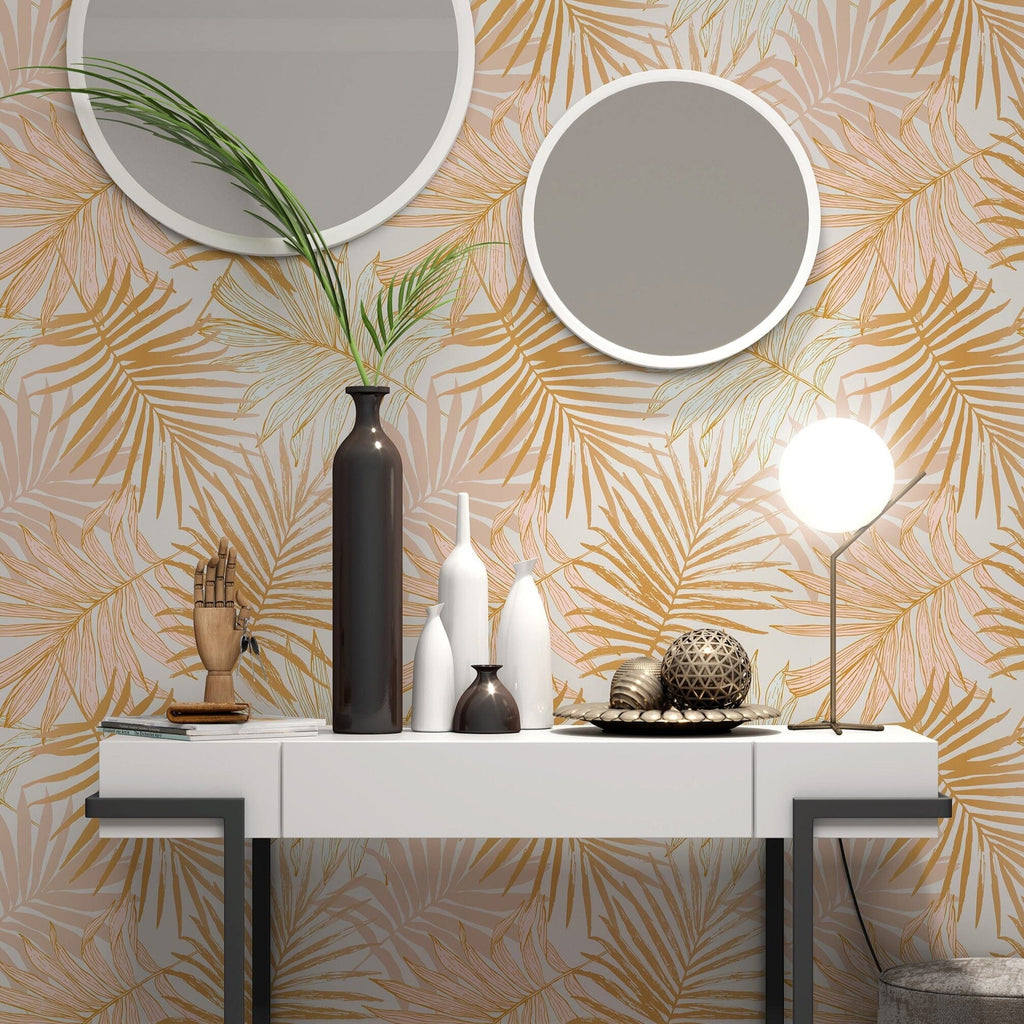 Golden Tropical Leaves Pattern Peel and Stick Wallpaper Peel and stick Wallpaper EazzyWalls Sample: 6''W x 9''H Smooth Vinyl 