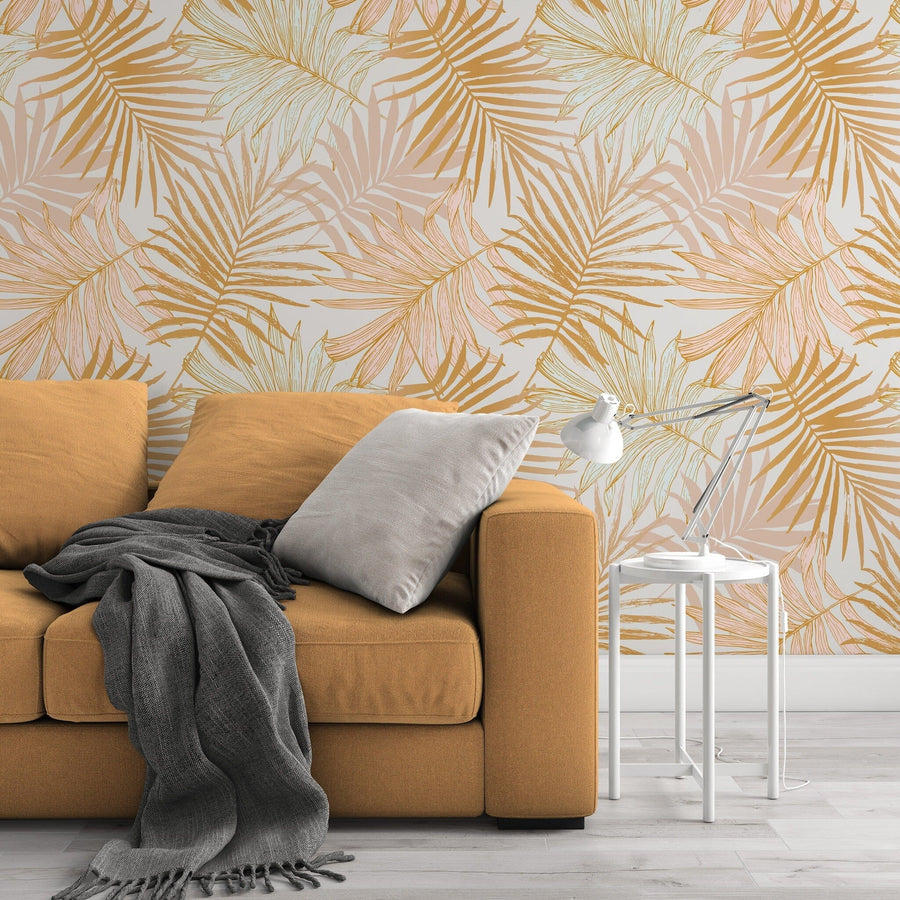Golden Tropical Leaves Pattern Peel and Stick Wallpaper Peel and stick Wallpaper EazzyWalls