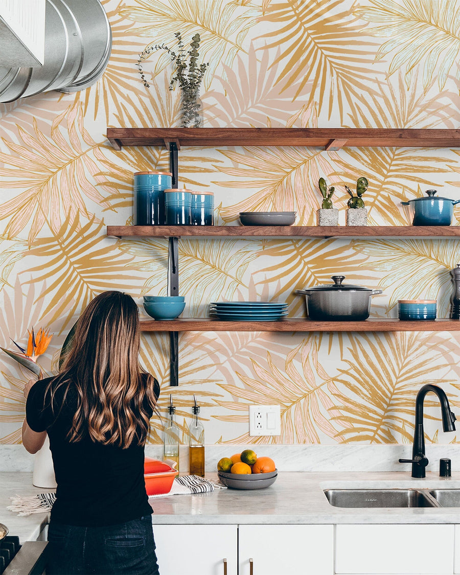 Golden Tropical Leaves Pattern Peel and Stick Wallpaper Peel and stick Wallpaper EazzyWalls