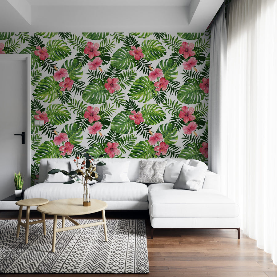 Living room with Pink Hibiscus Flower Wallpaper